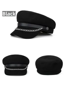 Detailed views showing black beret hat with leather strap, silver chain, and anchor buttons