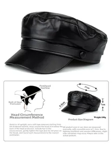 Size chart for black PU newsboy cap showing 57cm circumference and 7cm height