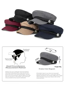 Size chart showing head circumference 57cm, brim 5.5cm, and height 7cm for navy berets