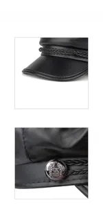 Close-up of black PU leather newsboy cap showing woven strap and vintage metal crest button