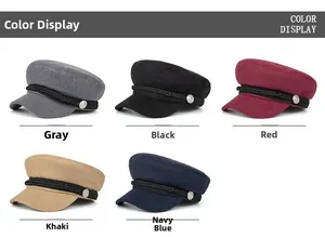 Five colors of navy-style wool baker boy hats with woven bands and metal buttons
