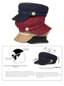 Size chart showing head circumference 57cm for tweed newsboy cap with gold buttons