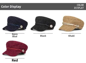 Detail display of four tweed newsboy caps in navy, black, khaki, and red colors