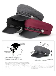 Detailed size chart for three-color newsboy hats with wool fabric and PU leather brim