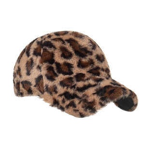 Winter faux fur baseball cap with brown leopard print and soft plush finish