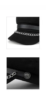 Detail of wool baker boy hat featuring silver chain and vintage anchor button