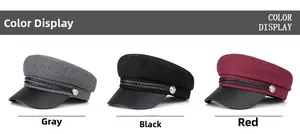 Detailed comparison of gray black and red newsboy caps with braided rope and metal buttons