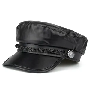 Women Vintage Black PU Leather Beret Hat Military Sailor Flat Top Cap Braided Rope Metal Button Autumn Winter Fashion Headwear