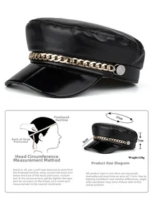 Size chart showing 57cm circumference and 120g weight for PU baker boy hat with gold chain