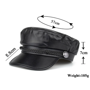 Classic black PU leather newsboy hat with braided strap and 5.5cm brim detail