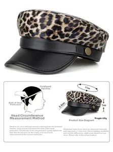 Detailed size guide for the leopard print PU baker boy hat with dimensions and weight