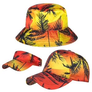 Detailed view of sun visor, bucket, and baseball hats with sunset palm tree print