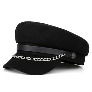 Vintage Women Newsboy Cap Black Cotton Polyester Baker Boy Hat With Silver Metal Chain Belt Winter Autumn Fashion Accessory