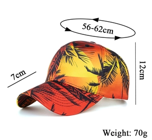 Detail view of tropical palm print baseball cap with size specs 56-62cm head circumference