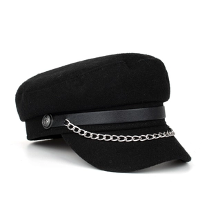 Classic black wool newsboy cap with silver chain, leather strap, and anchor button