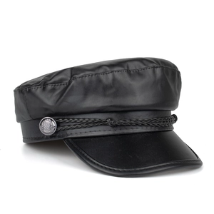 Classic black PU leather baker boy hat with woven cord detail and metal crest button