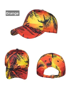 Orange tropical sunset baseball cap with palm tree prints and adjustable metal buckle