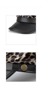 Detail view of leopard print fabric and black PU leather brim with vintage metal button
