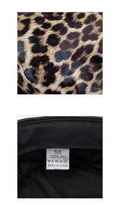 Detail view of leopard print PU leather beret showing inner lining and size 58 label
