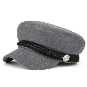 Vintage Navy Style Newsboy Cap Women Polyester Cotton Baker Boy Hat With Braided Rope And Anchor Button British Flat Top Hat
