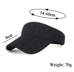 Detail of SPORT sun visor showing 54-60cm adjustable size and 8cm brim length