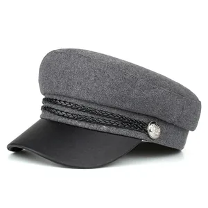 Women Vintage Newsboy Cap Baker Boy Hat Autumn Winter Beret With Leather Brim Braided Rope Metal Buckle Flat Top Cabbie Cap