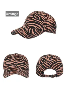 Trois vues de casquette de baseball en coton motif zèbre orange avec boucle de réglage