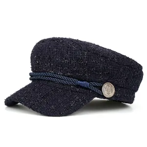 Women Elegant Tweed Beret Cap Newsboy Hat With Braided Rope Gold Button Retro Plaid Baker Boy Cap For Autumn Winter