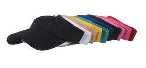 Detailed top view of various colored SPORT sun visors showing embossed letter textures