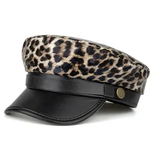 Leopard Print PU Leather Baker Boy Hat Women Newsboy Cap Navy Flat Top Hat Metal Button Winter Autumn Fashion Accessory