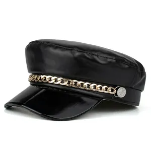 Women's Vintage Black PU Leather Beret Hat With Gold Metal Chain Detail Fashion Baker Boy Cap For Autumn Winter