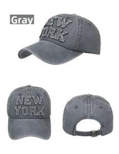 Dettagli del cappellino grigio in cotone lavato con ricamo applicato New York in rilievo