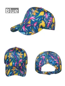 Detail view of tropical floral print baseball cap with adjustable metal buckle back