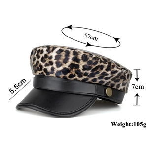 Faux leather leopard print baker boy hat with dimensions 57cm circumference and 105g weight