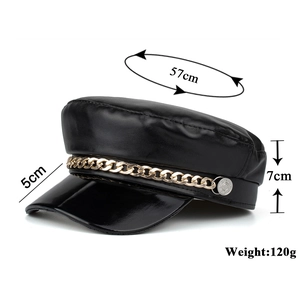 Black PU leather newsboy cap with gold chain decoration and glossy brim for women