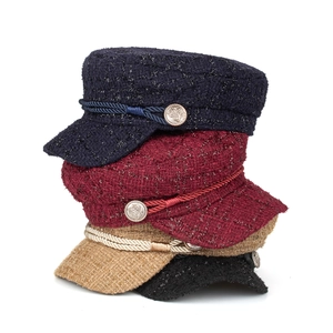 Classic tweed military sailor caps in navy, burgundy, khaki and black with metallic thread