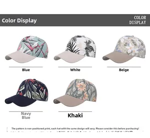 Collection of printed baseball caps in blue, white, and khaki with tropical floral patterns