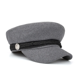 Dark grey navy style wool beret with black braided rope and anchor silver metal button