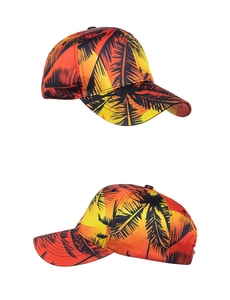Detail view of tropical baseball cap with sunset gradient and black palm tree silhouettes