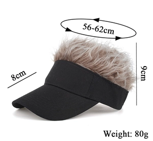 Detailed size guide of a creative sun visor hat with wig showing 56-62cm head circumference