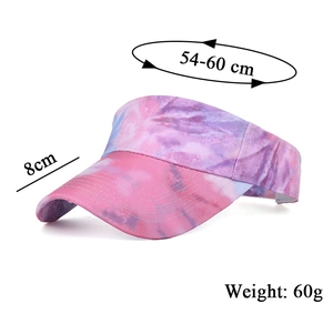Detail view of tie-dye sun visor hat showing 8cm brim and 54-60cm circumference dimensions