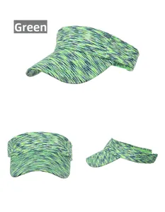 Three views of a green striped knitted sports visor with textured fabric and elastic strap