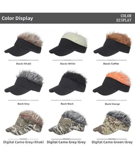 Detailed color display of nine creative visor sun hats with synthetic hair wigs