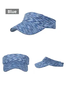 Detailed views of a blue and white knit sun visor hat for tennis and outdoor sports