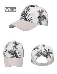 Detailed views of tropical palm print baseball cap in white with adjustable strap back