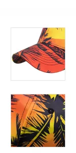 Detail of tropical sunset print baseball cap showing peak stitching and breathable holes