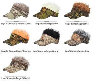 Multiple styles of camo sun visors with various spiked synthetic hair colors shown