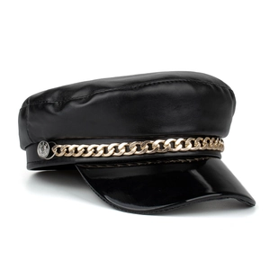 Classic black PU leather beret with flat brim and decorative gold metal chain detail