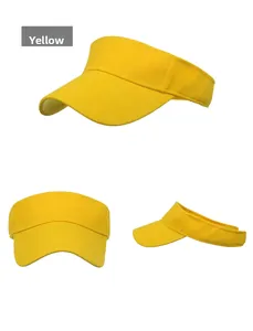 Detail view of yellow SPORT embossed visor cap showing texture and three-angle perspective