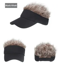 Three-view display of black sun visor baseball cap with khaki curly synthetic hair and strap